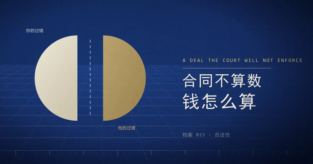 深蓝色封面插画：一个圆被一条虚线分成两半，左半边标着「你的过错」，右半边标着「他的过错」，右侧大字写着合同不算数、钱怎么算