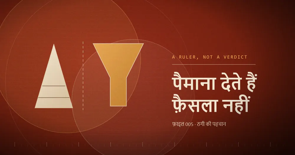बाईं ओर परतों वाला त्रिकोण, दाईं ओर क़ीप जैसी आकृति, बीच में एक टूटी हुई लकीर