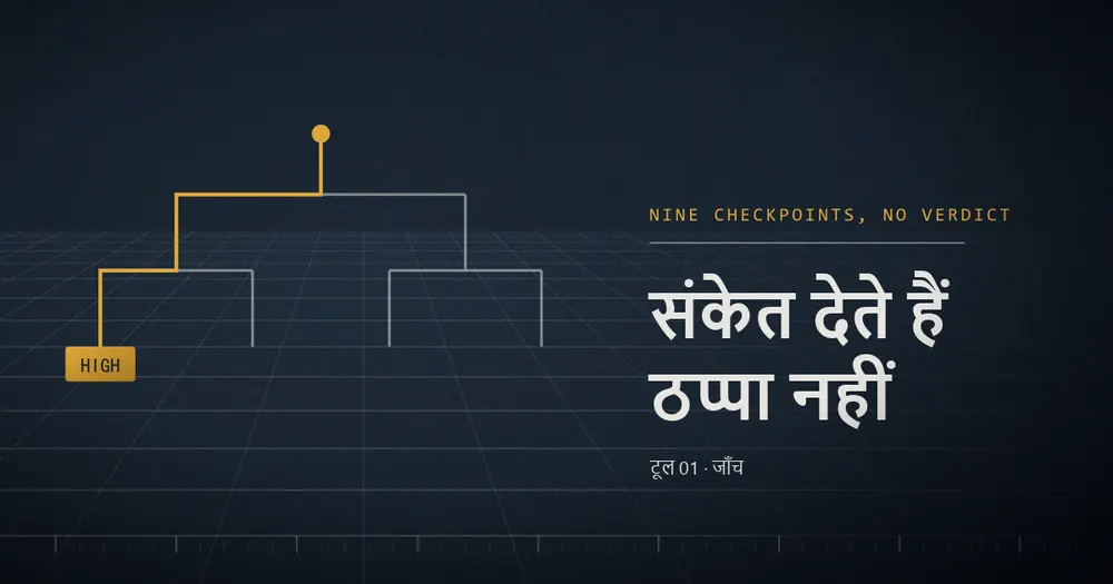 नीचे की ओर बँटती एक निर्णय-शाखा, जिसमें एक रास्ता उजागर है और सिरे पर «उच्च जोखिम» लिखा है