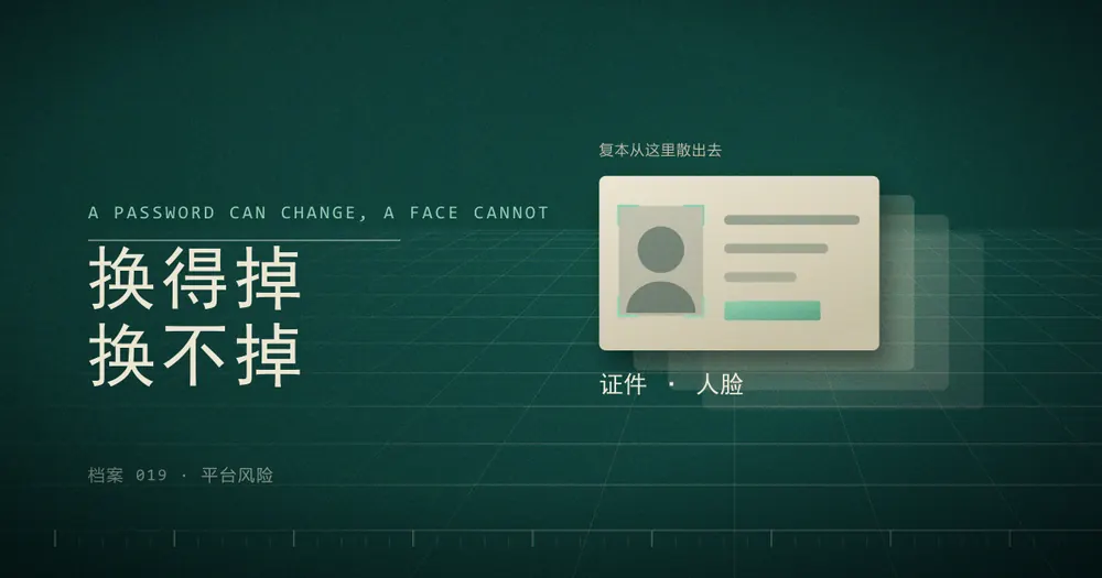 一张身份证件的示意图，人像和几行信息旁边是三张逐渐淡去的复本，上方标着「复本从这里散出去」