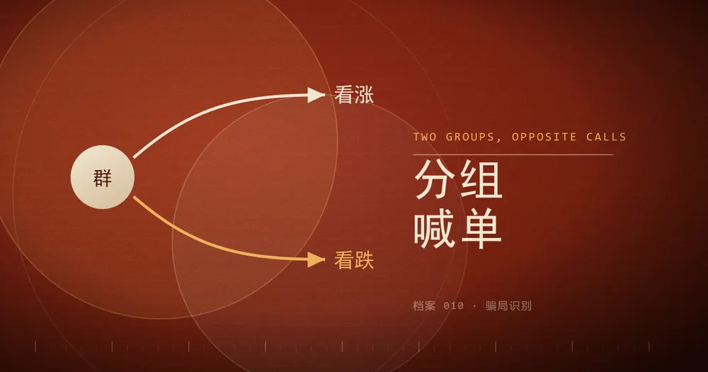 一个标着「群」的圆分出两条箭头，上方指向「看涨」，下方指向「看跌」