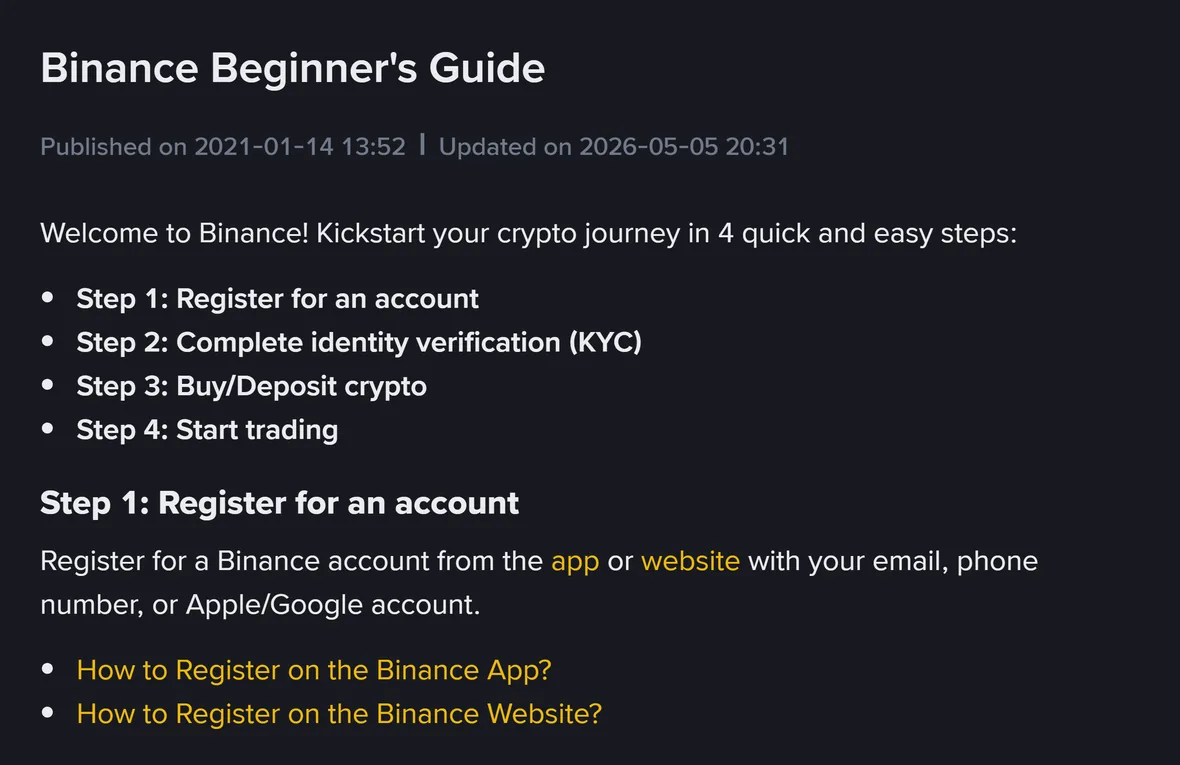 बाइनेंस हेल्प सेंटर का «Binance Beginner's Guide» पेज — शीर्षक के नीचे प्रकाशित और अपडेट होने की तारीख़, और नीचे खाता खोलने की चार सीढ़ियाँ: रजिस्टर, पहचान सत्यापन, ख़रीद या जमा, और ट्रेडिंग