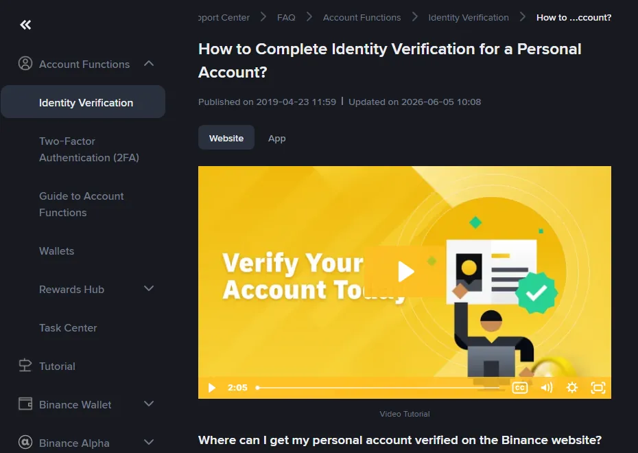 बाइनेंस हेल्प सेंटर का «How to Complete Identity Verification for a Personal Account?» पेज — बाएँ कॉलम में Account Functions के नीचे Identity Verification, शीर्षक के नीचे Published on 2019-04-23 और Updated on 2026-06-05, और उसके नीचे का उपशीर्षक «Where can I get my personal account verified on the Binance website?»