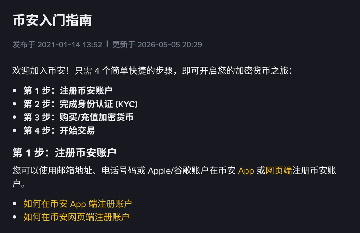 币安帮助中心的「币安入门指南」页面，标题下方标着发布日期与更新日期，正文把开户拆成注册账户、完成身份认证、购买或充值、开始交易四步